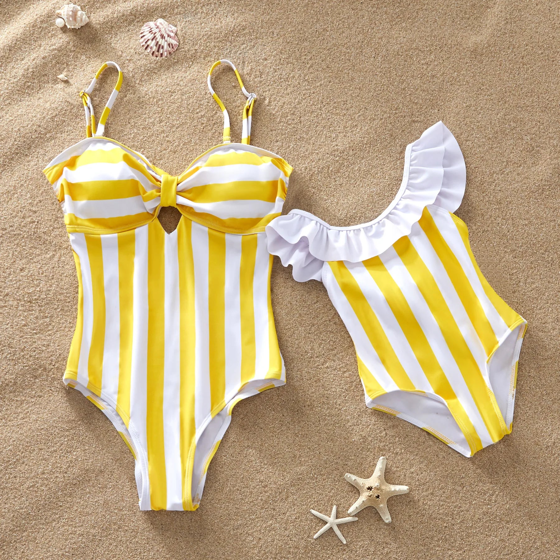 Mom and daughter in matching yellow striped swimsuits, one-piece and two-piece options for summer beach fun.