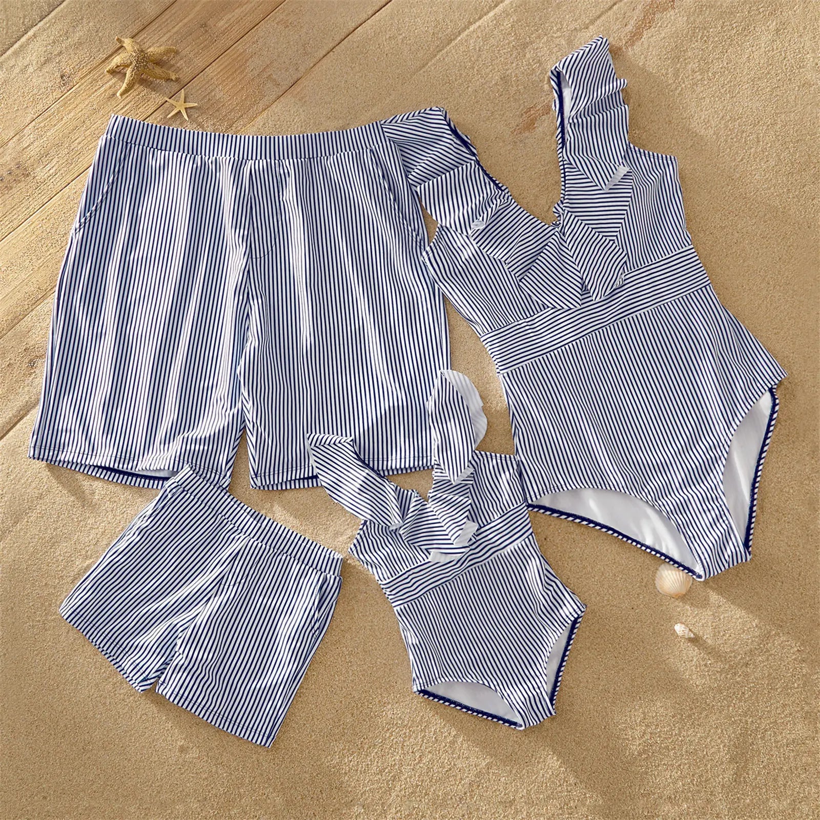 Family striped V-neck flounce matching swimsuits for beach vacation