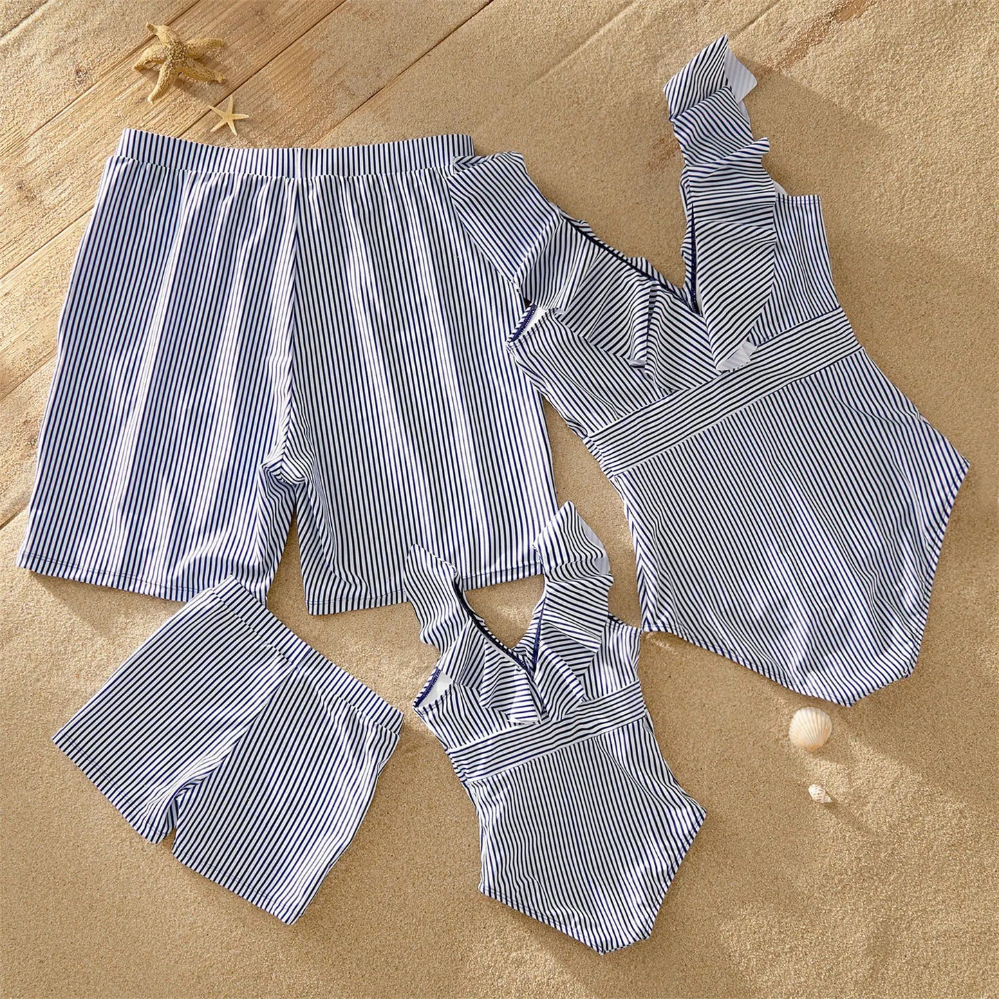 Matching family swimwear: striped V-neck flounce swimsuit for women, swim trunks for men, and kids' swimwear