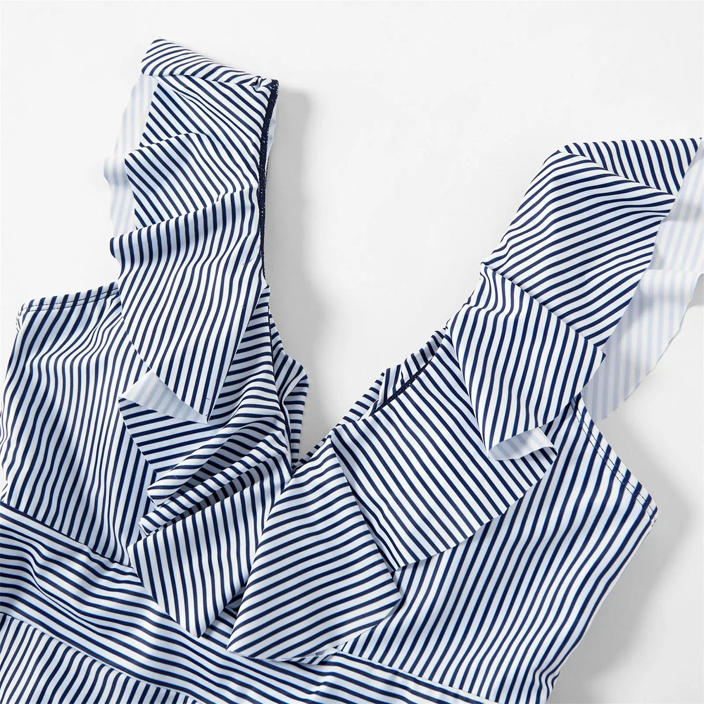 Striped V-neck flounce matching swimsuits, perfect family beachwear for a pool party