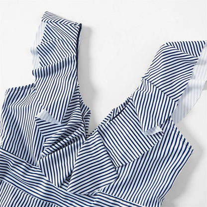 Striped V-neck flounce matching swimsuits, perfect family beachwear for a pool party