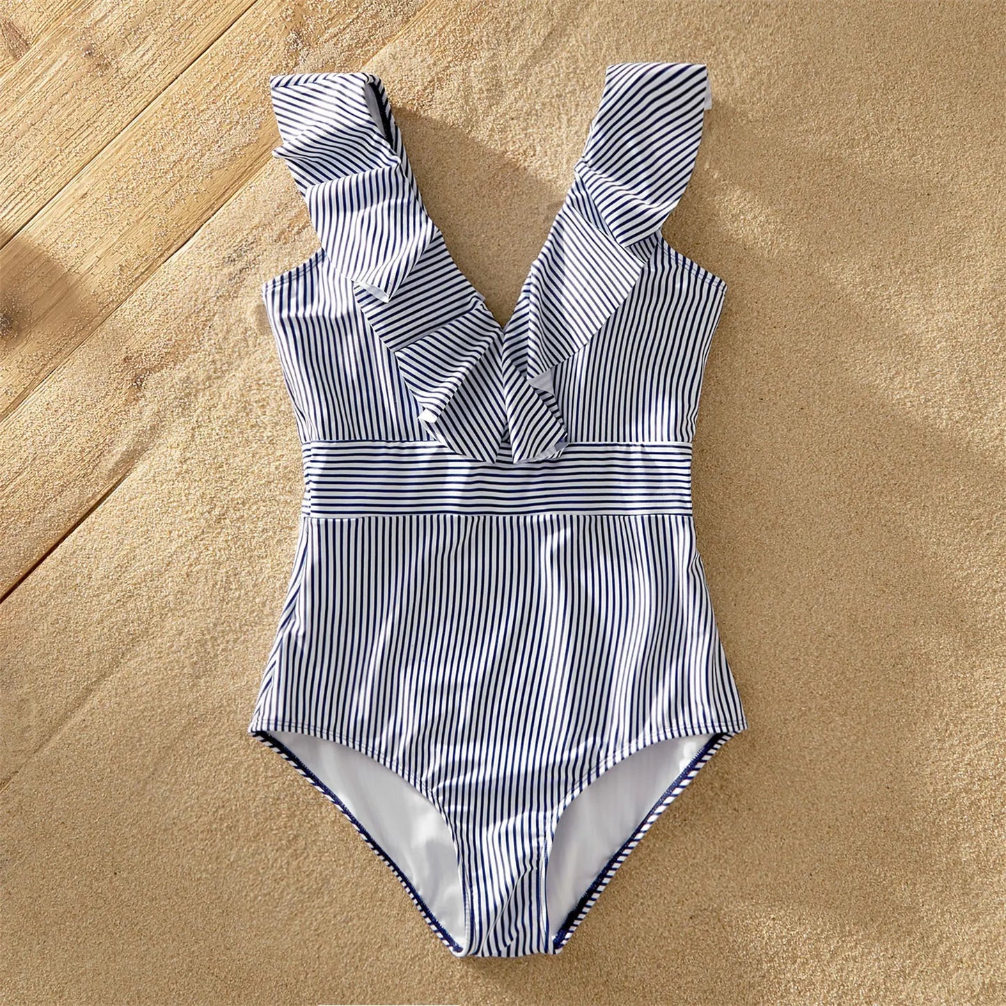 Flounce V-neck women's swimsuit, striped print, matching family beachwear