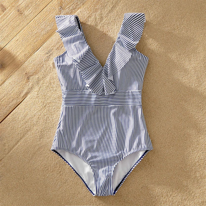 Flounce V-neck women's swimsuit, striped print, matching family beachwear