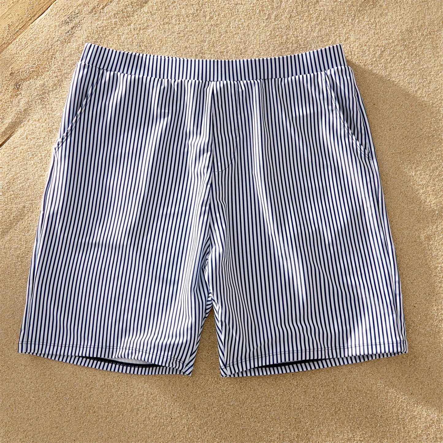 Men's quick-dry striped swim trunks, matching family swimwear for summer vacation
