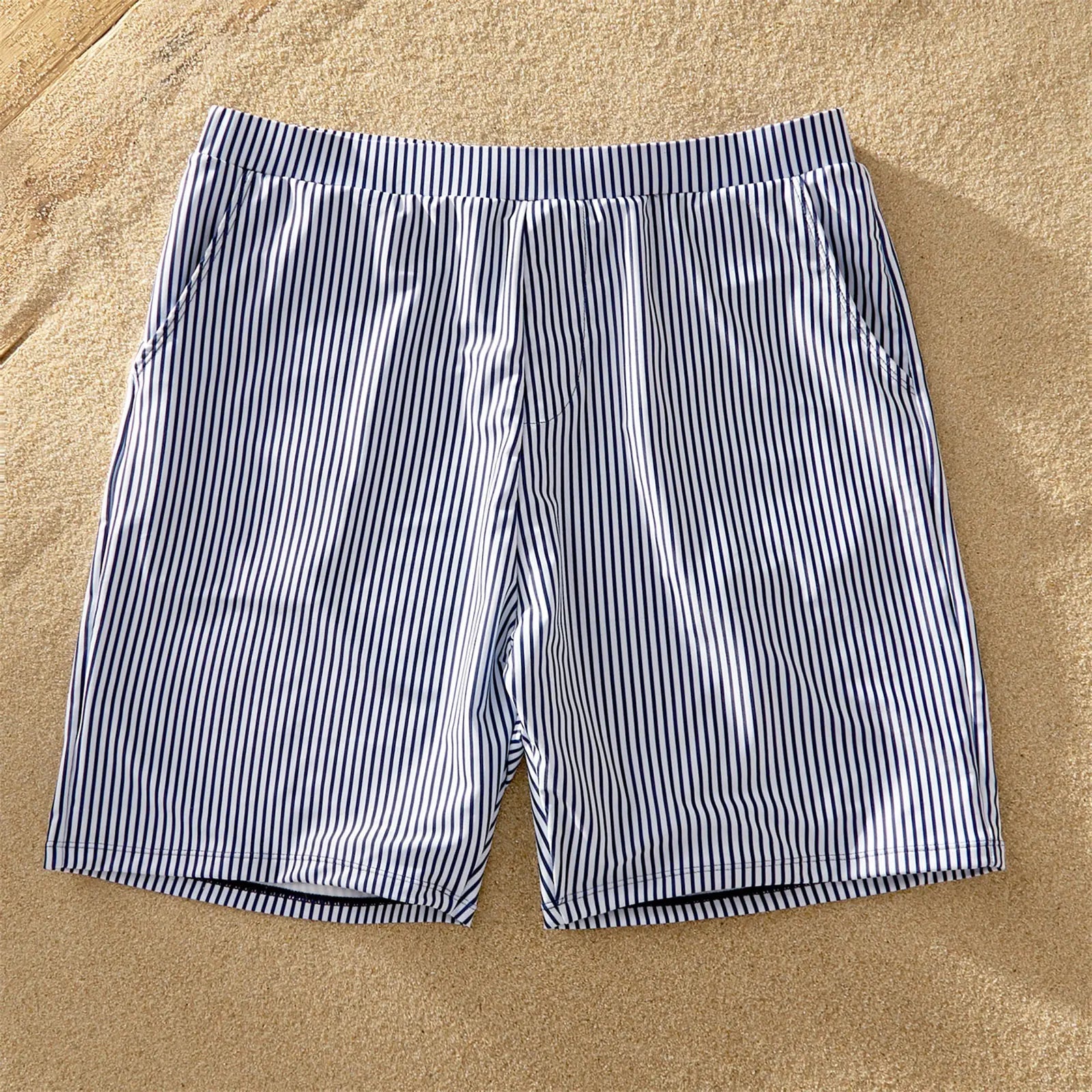 Men's quick-dry striped swim trunks, matching family swimwear for summer vacation