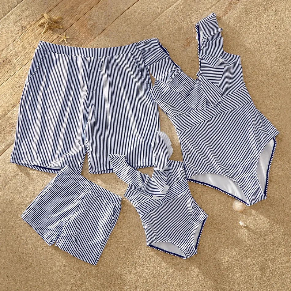Unisex kids' striped swimwear, stretchy fabric, matching family beach and pool outfits