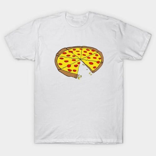 A stack of folded matching pizza print t-shirts and a baby onesie for family coordinated outfits.