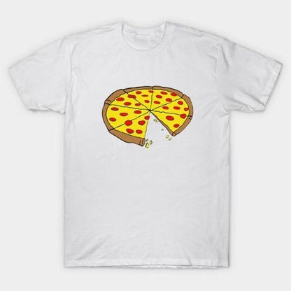 A stack of folded matching pizza print t-shirts and a baby onesie for family coordinated outfits.
