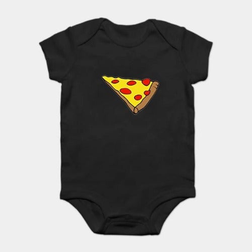 Diverse family smiling while wearing fun pizza graphic matching t-shirts, perfect for family photos.