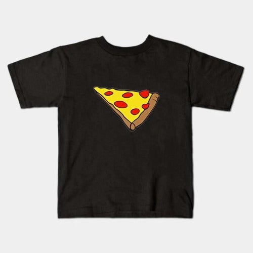 Detail shot of the pizza slice graphic on a soft cotton blend t-shirt from the family outfit collection.