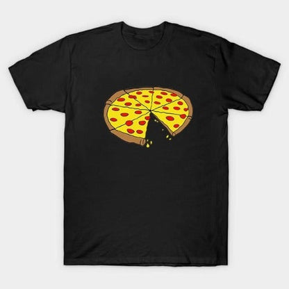 Three generations of a family laughing, all dressed in comfortable matching pizza print casual wear.