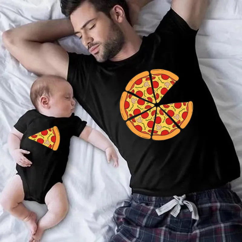 Family wearing matching pizza slice graphic T-shirts and baby romper, unisex polyester casual wear.