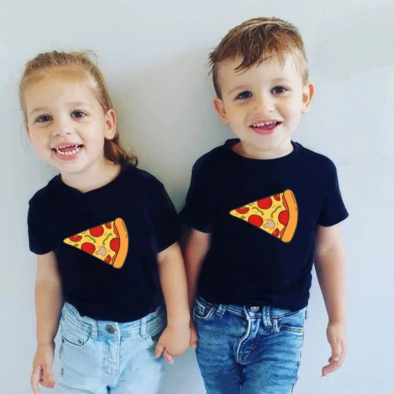 Unisex adults and kids matching pizza slice T-shirts with baby romper, funny family graphic tees.