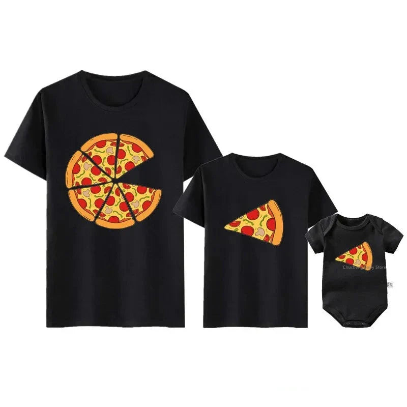 Matching pizza slice print T-shirts for adults and kids, plus a baby romper, all-season family outfits.