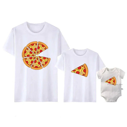 Polyester casual T-shirts for men, women, and kids, with baby romper, featuring a pizza slice graphic.