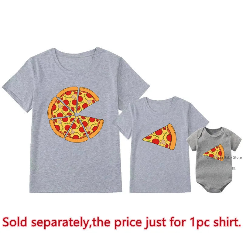 Family matching outfits: Pizza slice graphic T-shirts for adults, children, and a baby romper.