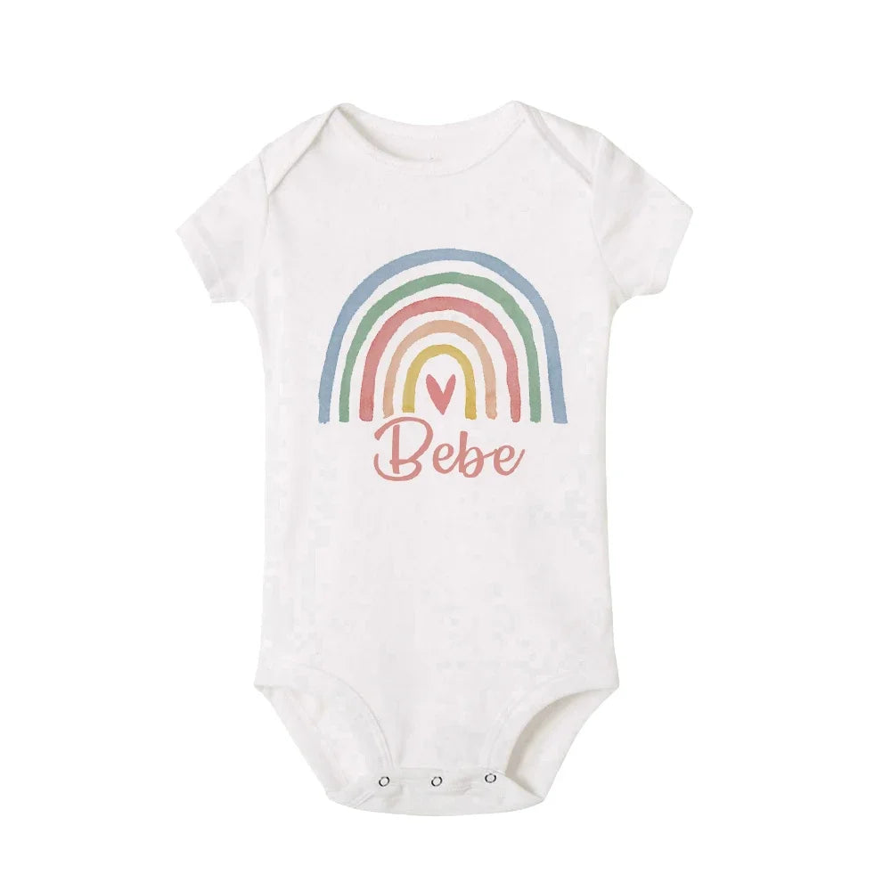 Close-up of rainbow print on a family matching t-shirt, milk silk spandex fabric, vibrant and colorful.