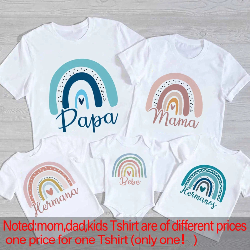 Rainbow matching t-shirt for a child, colorful summer family clothes, comfortable milk silk spandex material.