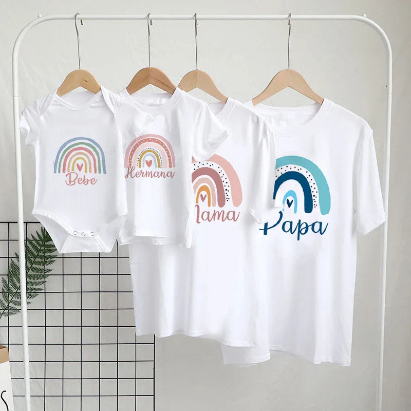 Unisex rainbow family t-shirt for adult, vibrant print, part of matching parent child summer outfits.