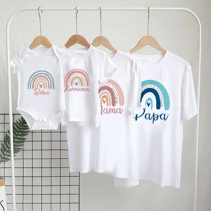 Unisex rainbow family t-shirt for adult, vibrant print, part of matching parent child summer outfits.