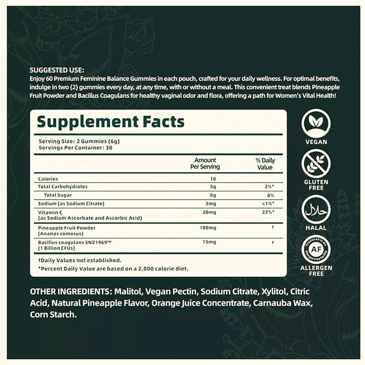 Women's daily wellness gummies, promoting natural pH balance for feminine health & freshness.