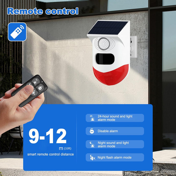 Outdoor security alarm with 120dB siren & LED strobe light. Solar-powered motion sensor for home protection.