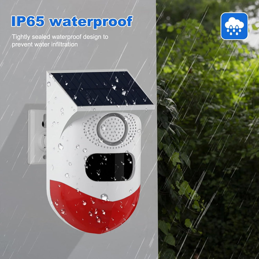 Wireless solar alarm system. Motion sensor security for farm, garden, or home. Easy setup for outdoor safety.