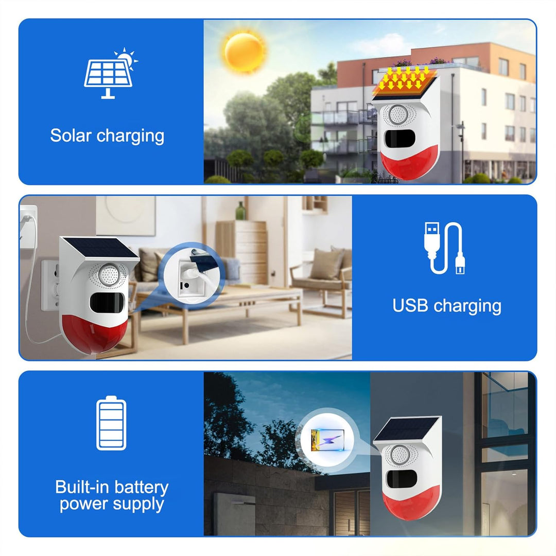 Durable outdoor solar motion sensor alarm featuring a loud siren & bright strobe light for perimeter security.