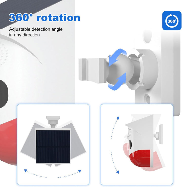 Feronix 120dB siren & LED strobe solar alarm. Motion-activated security system for comprehensive outdoor protection.