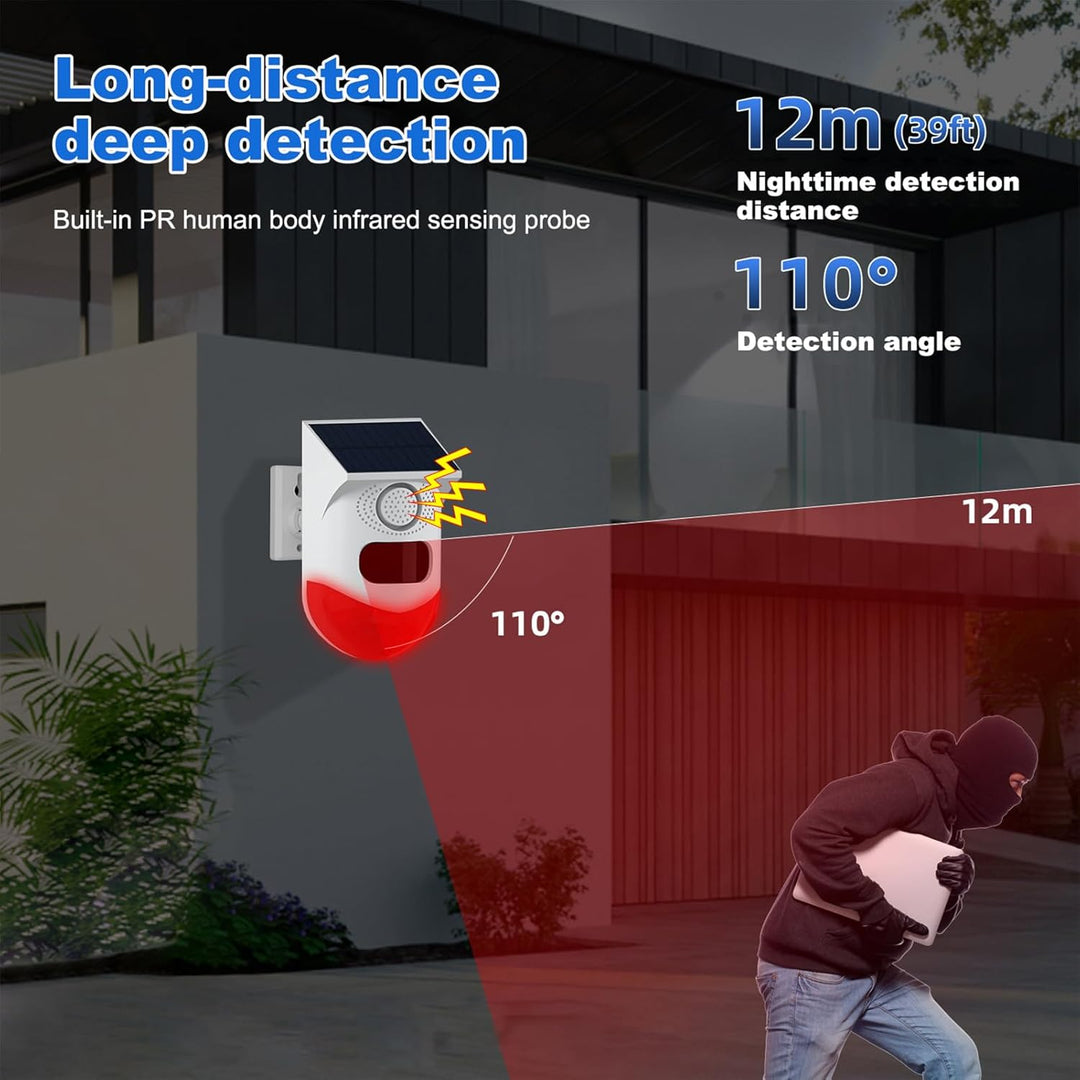 Solar-powered motion detector for garden safety. Wireless security alarm with siren & strobe deters trespassers.