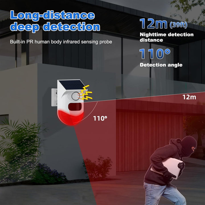 Solar-powered motion detector for garden safety. Wireless security alarm with siren & strobe deters trespassers.
