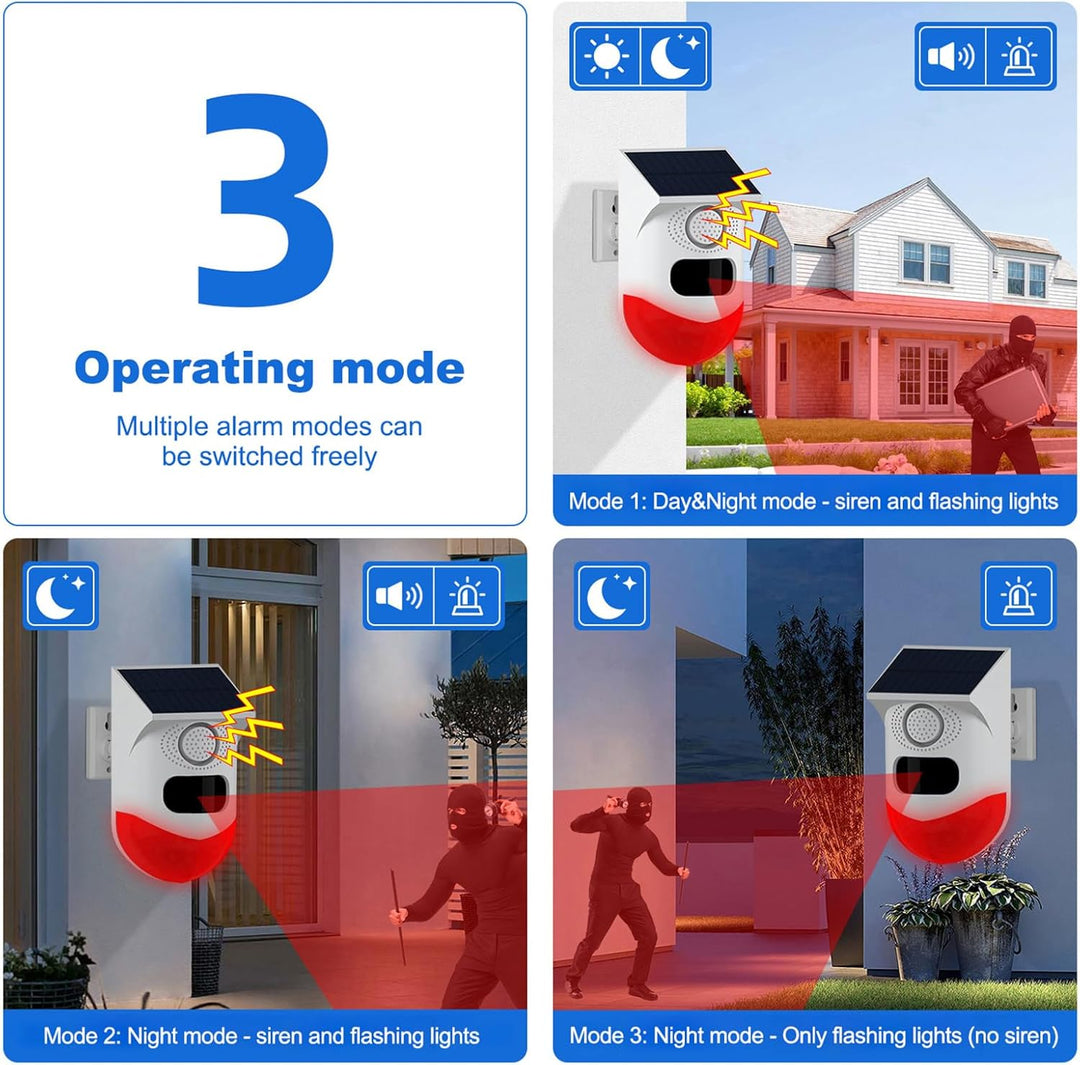 Advanced outdoor solar motion sensor security alarm with 120dB siren, LED strobe, and farm protection features.