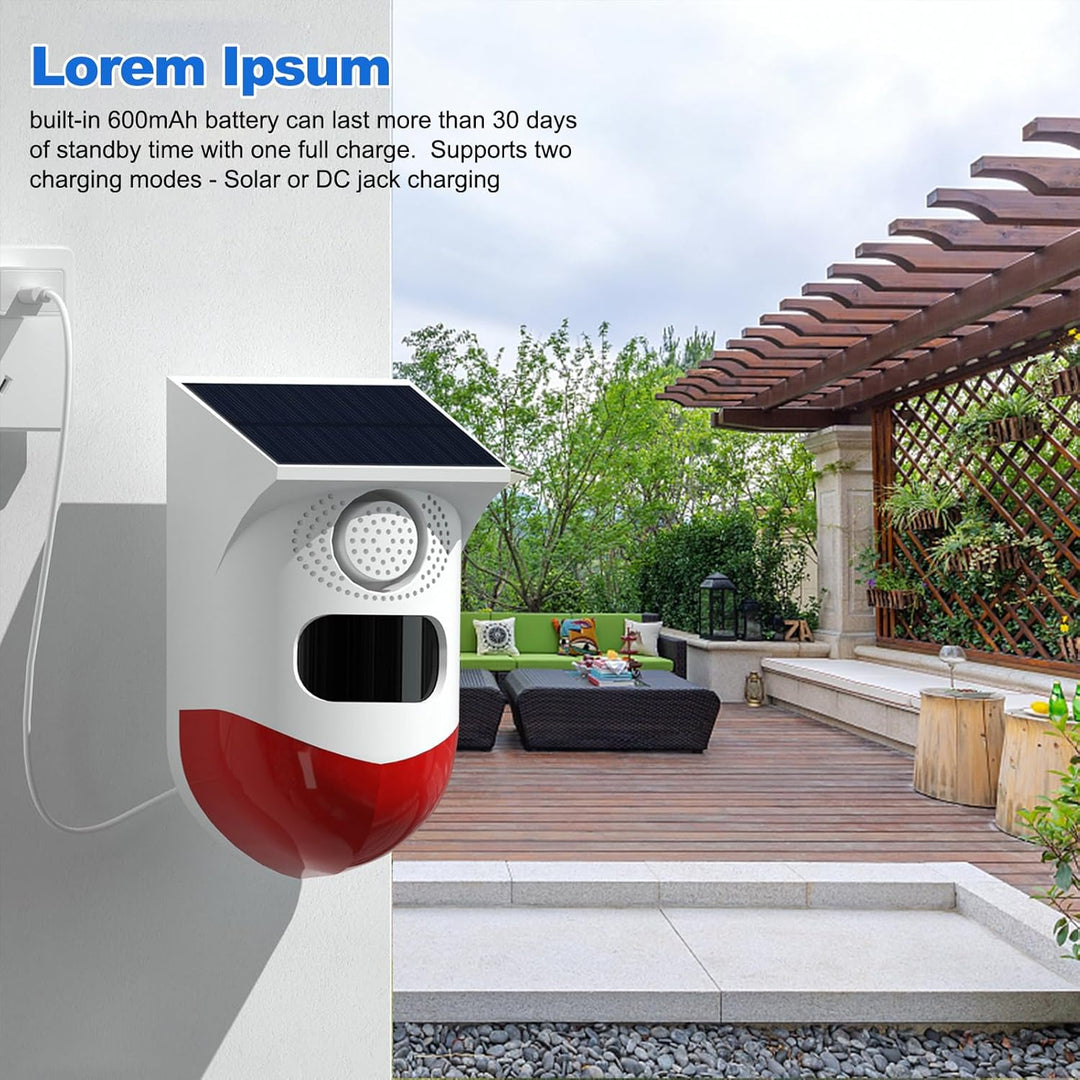 Compact solar motion sensor alarm providing reliable outdoor security with a loud siren and flashing strobe light.