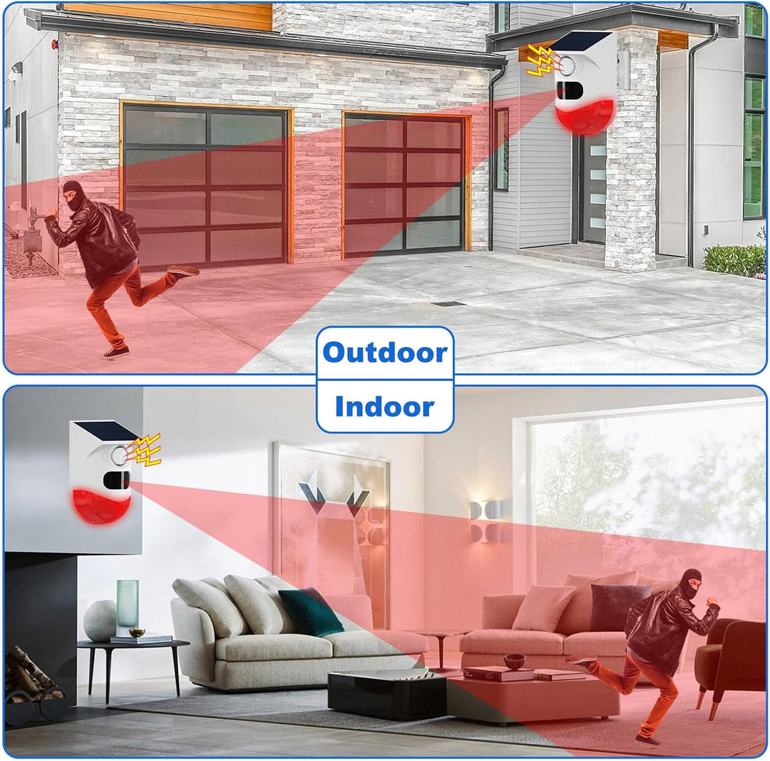Wireless solar security alarm with motion sensor, 120dB siren, and LED strobe for ultimate outdoor home protection.