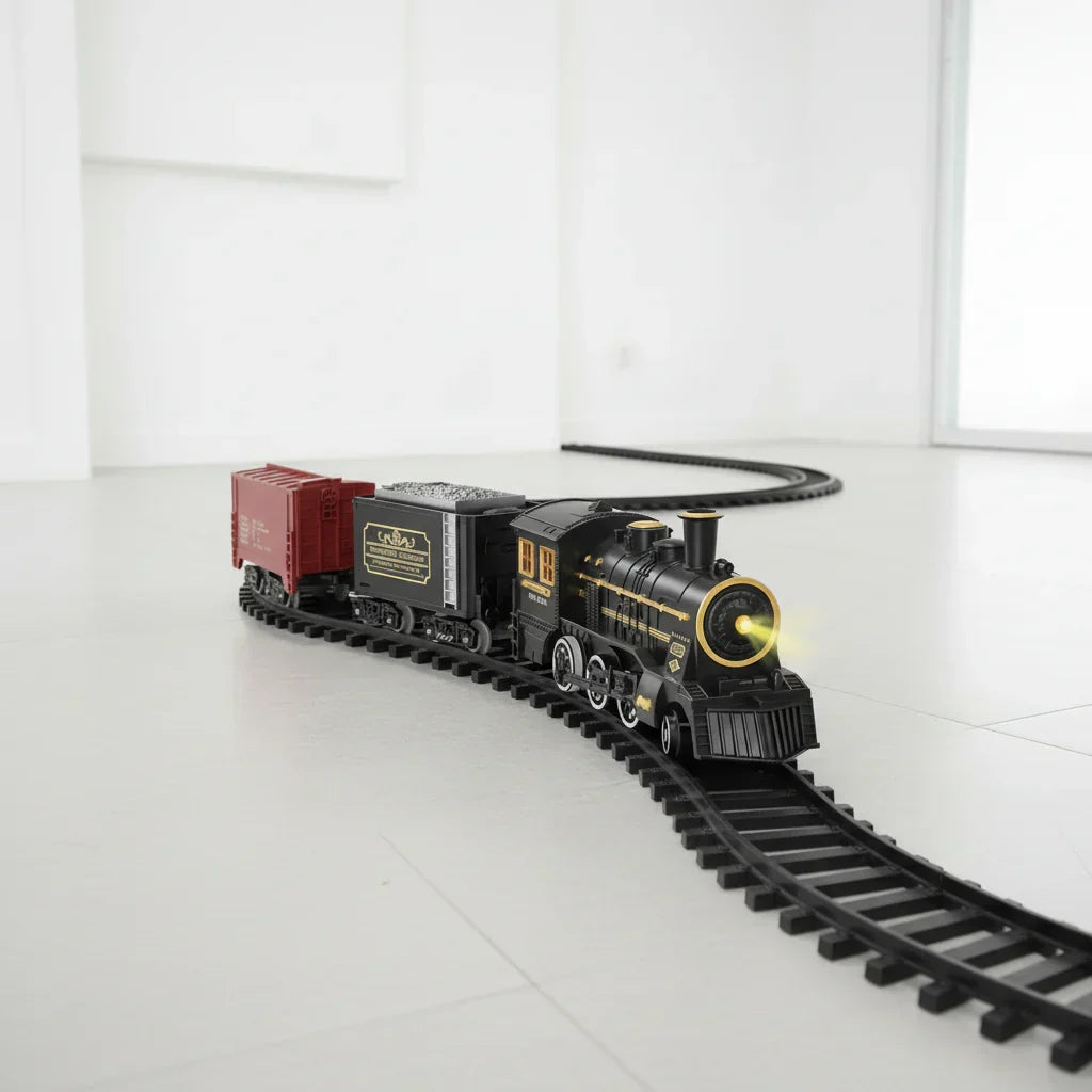 Festive electric Christmas train set with flexible tracks, perfect holiday decor for family fun & kids' toys.