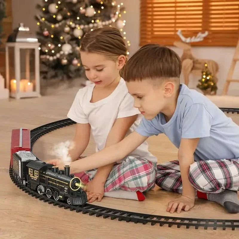 Bright red Christmas electric train set with flexible tracks, ideal festive toy for holiday decor & children.