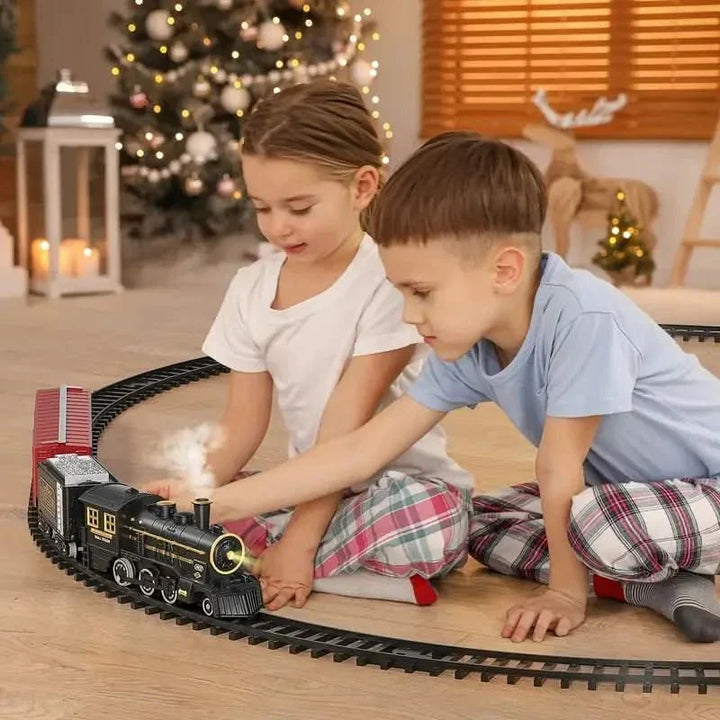 Bright red Christmas electric train set with flexible tracks, ideal festive toy for holiday decor & children.