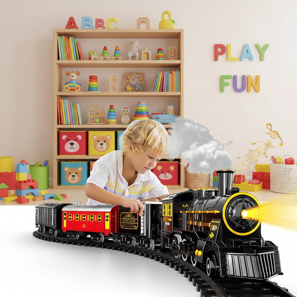Electric Christmas train set with flexible tracks, a perfect family fun toy train gift for holiday decor.
