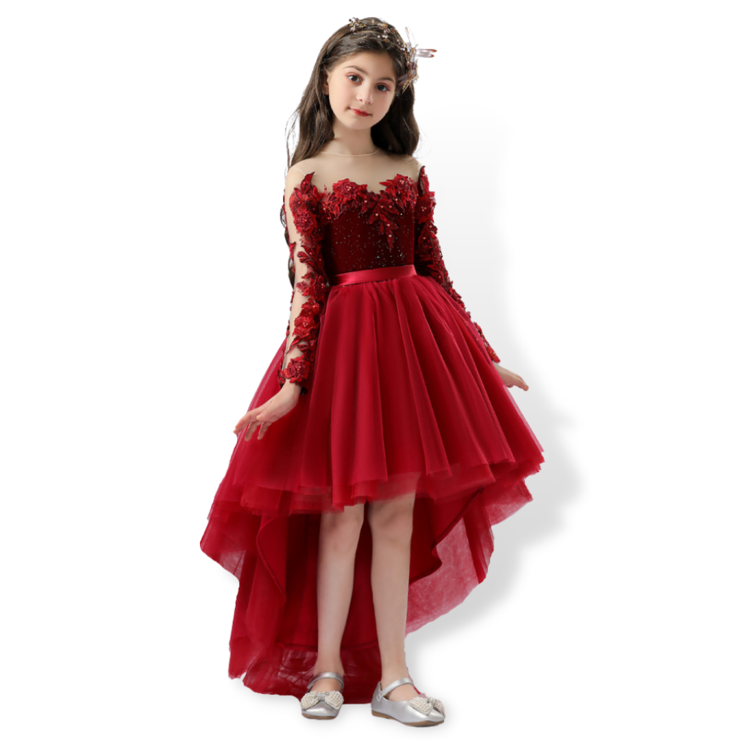 Fiery red floral lace princess party dress for girls, perfect for special occasions like flower girl.