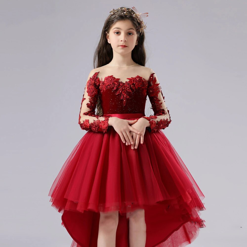 Elegant tween girl wearing a fiery red floral lace formal dress, ideal for parties and events.