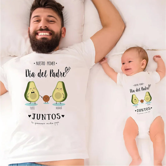 First Father's Day matching dad & baby outfits, 'Our First Father's Day' print, gray t-shirt & romper set