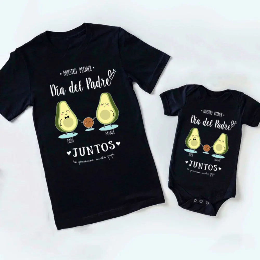 Father and baby in matching 'First Father's Day' outfits, gray t-shirt and baby romper, perfect summer wear