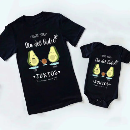 Father and baby in matching 'First Father's Day' outfits, gray t-shirt and baby romper, perfect summer wear