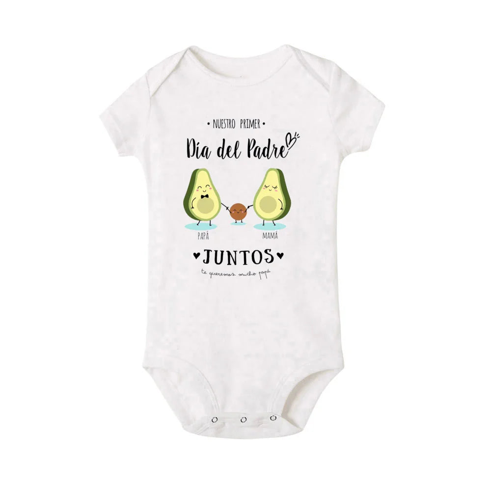 Close-up of 'Our First Father's Day' print on a gray men's t-shirt and baby romper for new dads