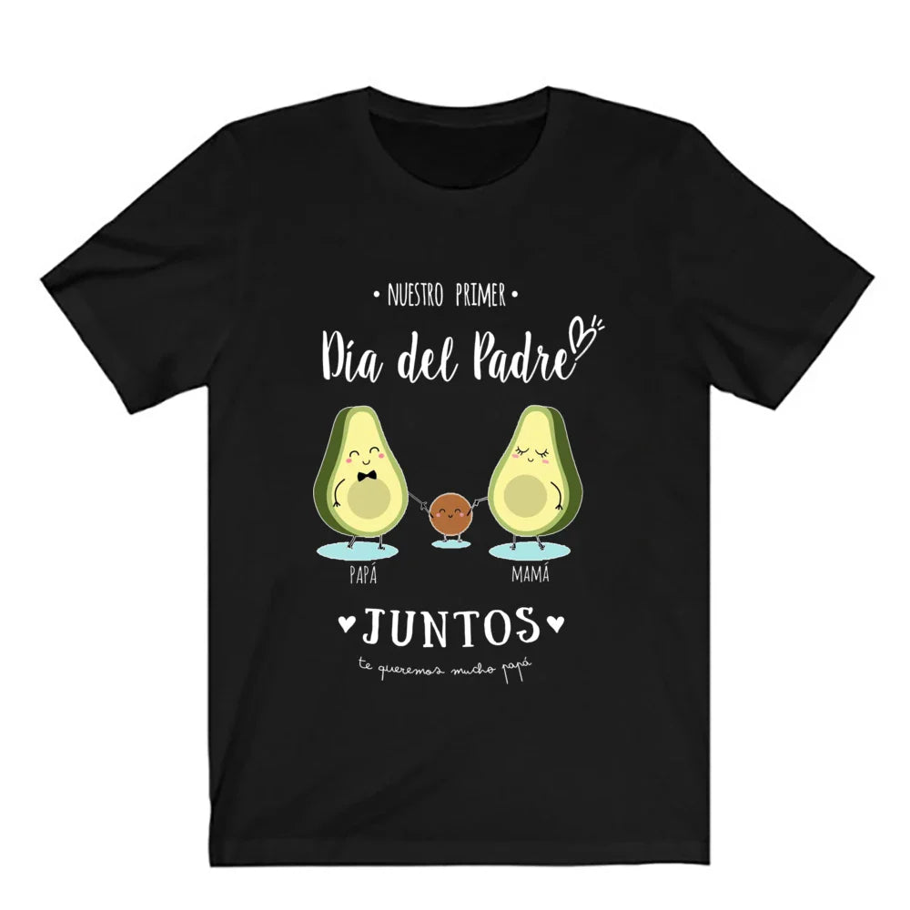 Flat lay of unisex baby romper and men's t-shirt for First Father's Day, new dad gift idea