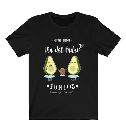 Flat lay of unisex baby romper and men's t-shirt for First Father's Day, new dad gift idea