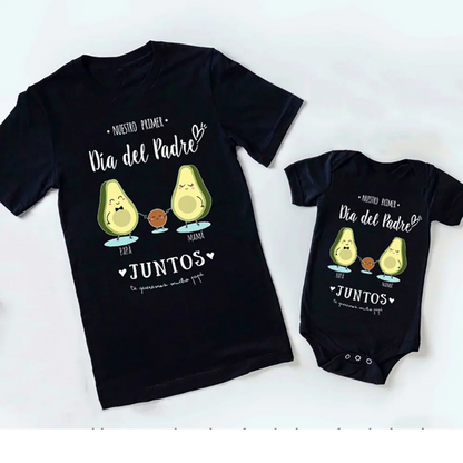 Gray short-sleeve t-shirt with 'First Father's Day' text & matching baby romper, comfortable polyester