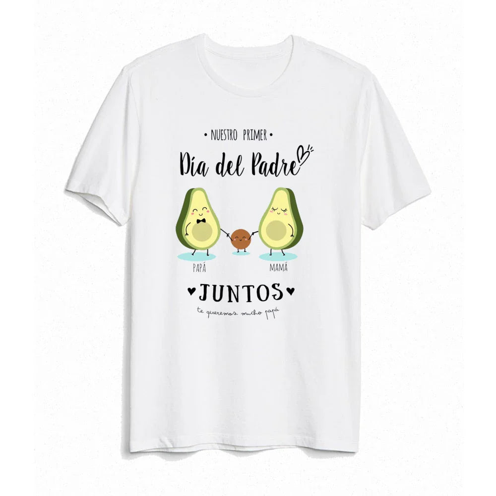 Fatherhood celebration with matching First Father's Day outfits, gray t-shirt for dad, romper for baby