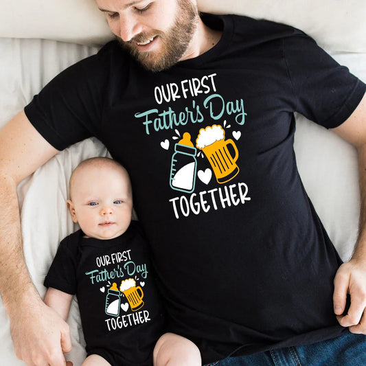 First Father's Day matching dad t-shirt and baby romper set, grey polyester blend, casual wear