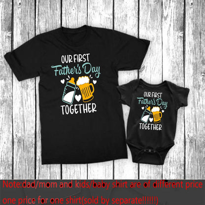 Men's 'First Father's Day' graphic t-shirt in grey, ideal for father and baby matching